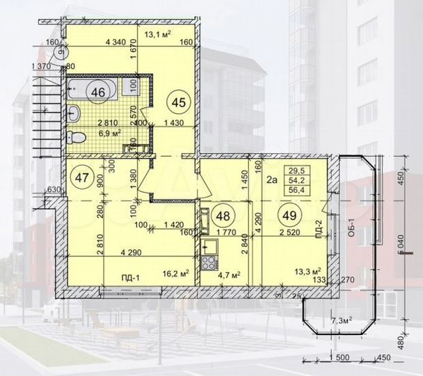 2-к. квартира, 56,4 м², 3/9 эт.