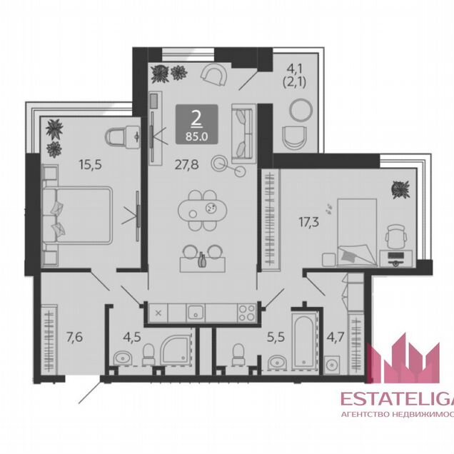 2-к. квартира, 85 м², 18/25 эт.