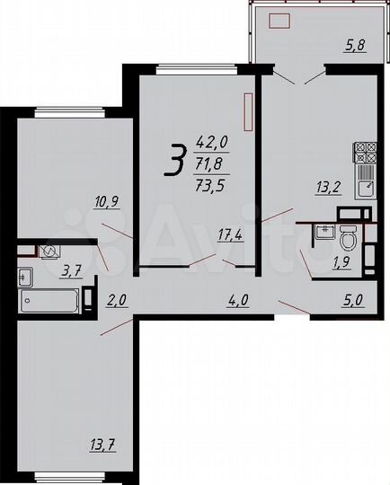 3-к. квартира, 73,5 м², 5/17 эт.