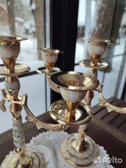 Подсвечник канделябр латунный с перламутром