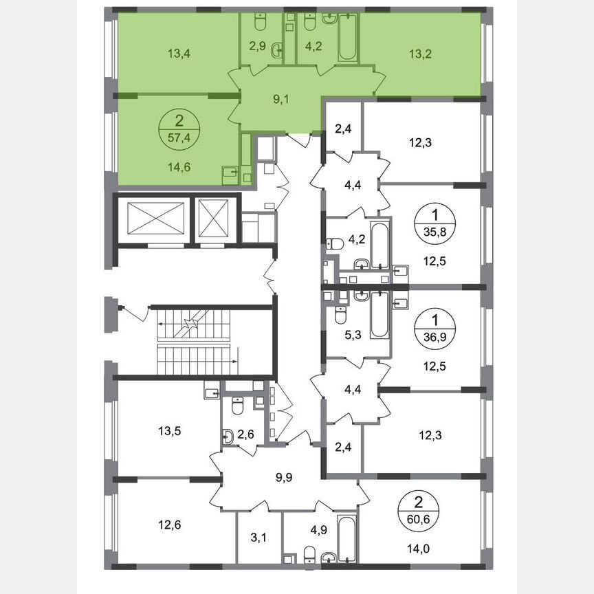 2-к. квартира, 57,4 м², 2/17 эт.