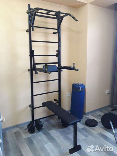 Шведская стенка с турником и брусьями и лежаком дл