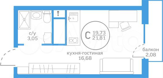 Квартира-студия, 19,7 м², 17/20 эт.