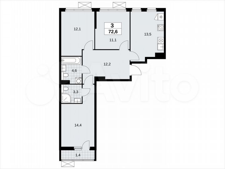 3-к. квартира, 72,6 м², 5/19 эт.