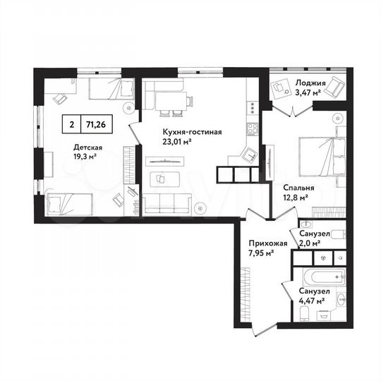 2-к. квартира, 71,3 м², 8/25 эт.