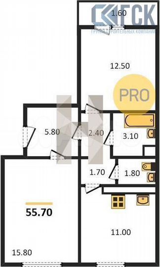 2-к. квартира, 55,7 м², 4/17 эт.