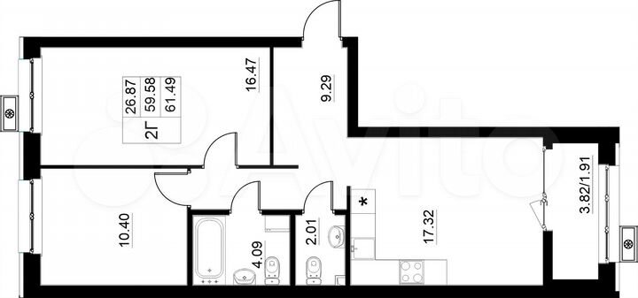 2-к. квартира, 61,5 м², 11/15 эт.