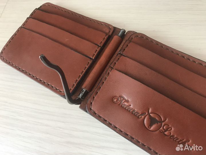 Кожаный кошелек мужской, скрепка для купюр