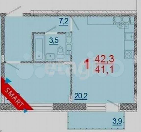 1-к. квартира, 41,1 м², 5/5 эт.