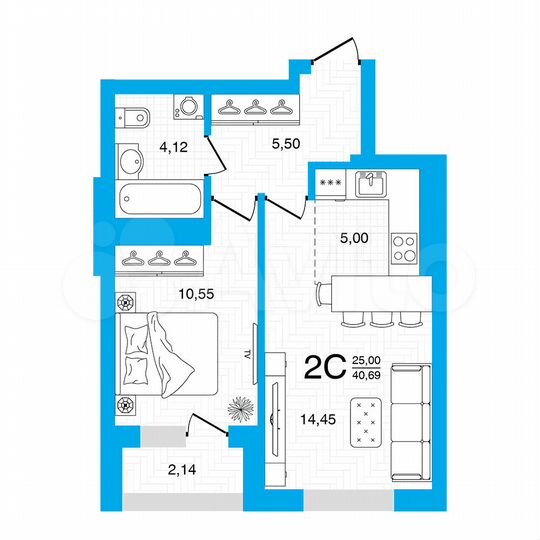 2-к. квартира, 40,7 м², 8/22 эт.