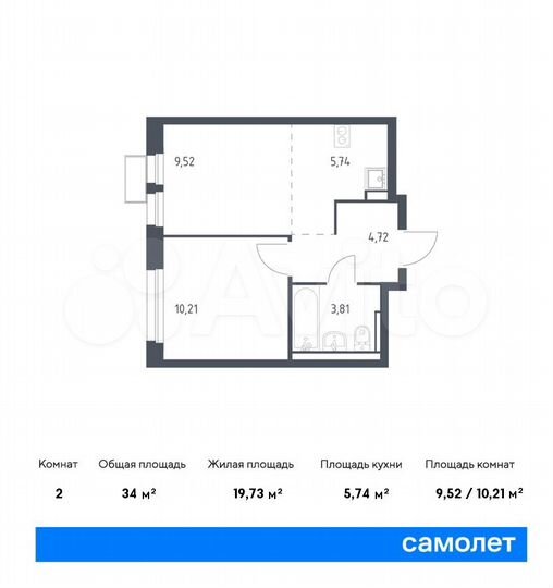 2-к. квартира, 34 м², 2/17 эт.