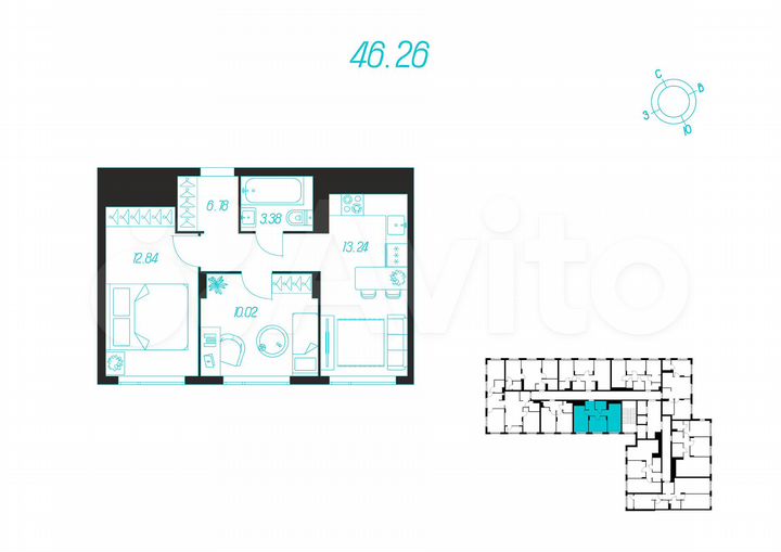2-к. квартира, 46,3 м², 3/15 эт.