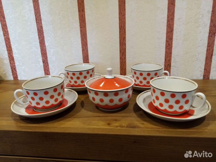 4 чайные пары + сахарница - фарфор СССР