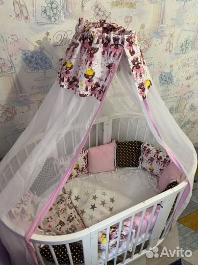 Детская кроватка овальная с бортиками 7в1