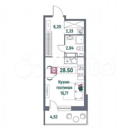 Квартира-студия, 28,5 м², 2/16 эт.