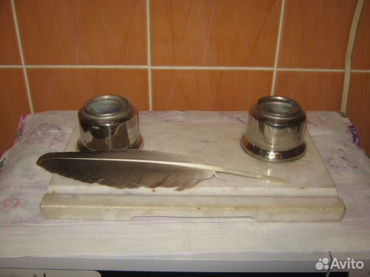 Старинный чернильный прибор. Мельхиор. Мрамор