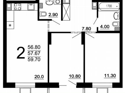 2-к. квартира, 57,7 м², 4/10 эт.