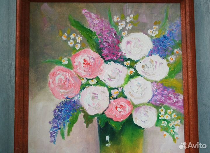 Картина белые розы маслом 30х21 см