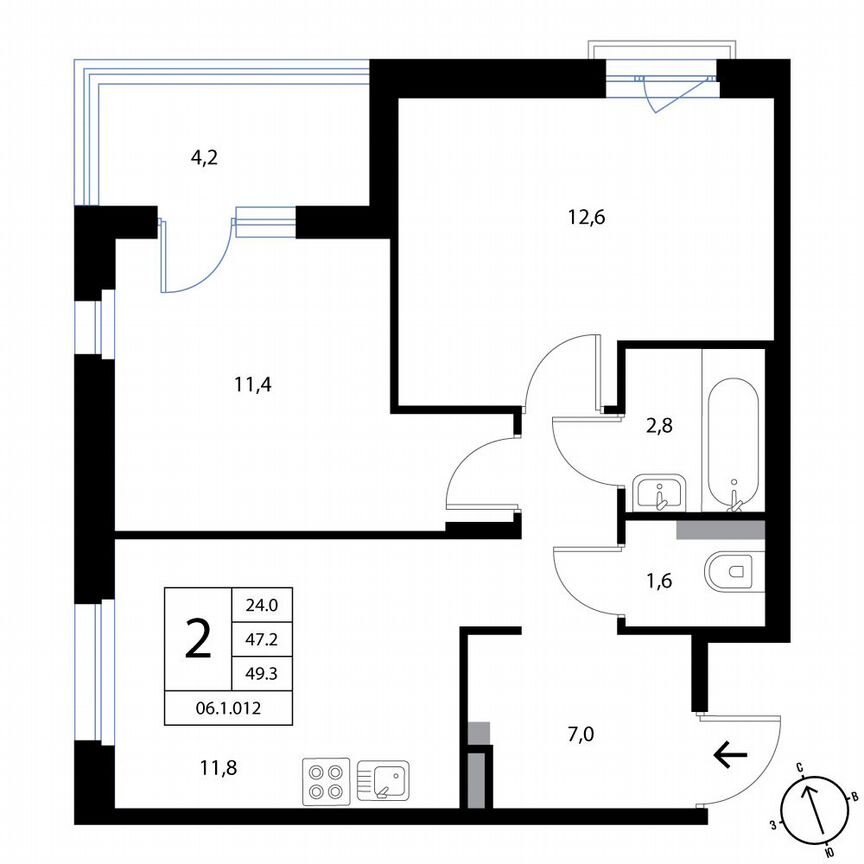 2-к. квартира, 49,3 м², 2/3 эт.