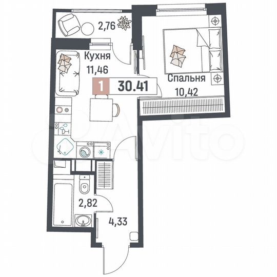 1-к. квартира, 30,4 м², 16/18 эт.