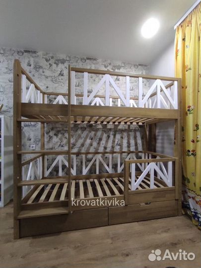 Двухъярусная детская Эко кровать из массива