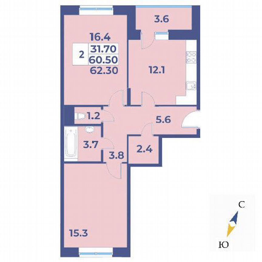 2-к. квартира, 62,3 м², 7/9 эт.