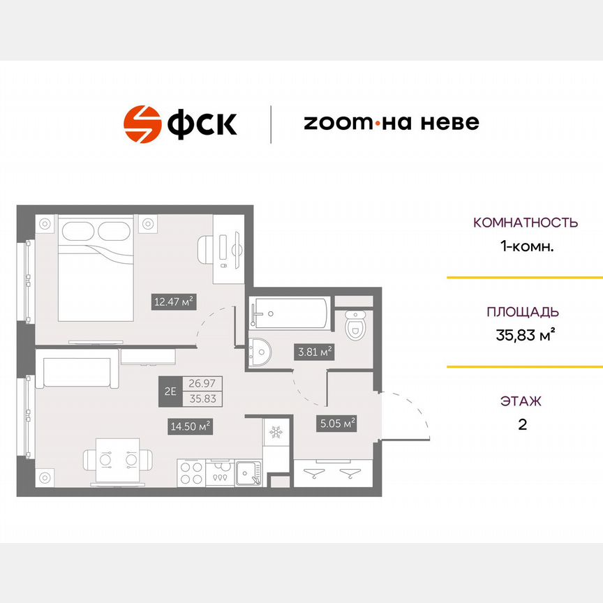 1-к. апартаменты, 35,8 м², 2/17 эт.