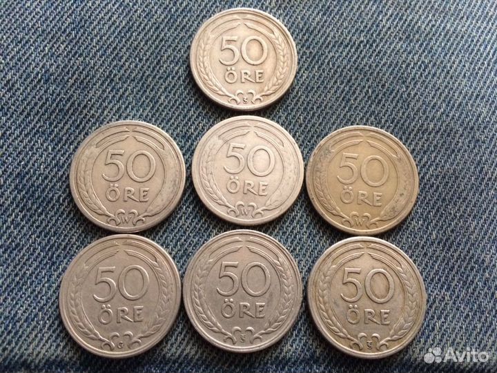 Монеты Швеции 5 эре 1909-1950 и 50 эре 1920-1947