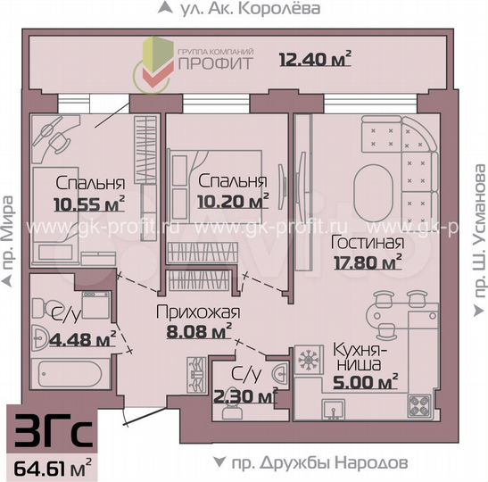 3-к. квартира, 64,6 м², 6/19 эт.