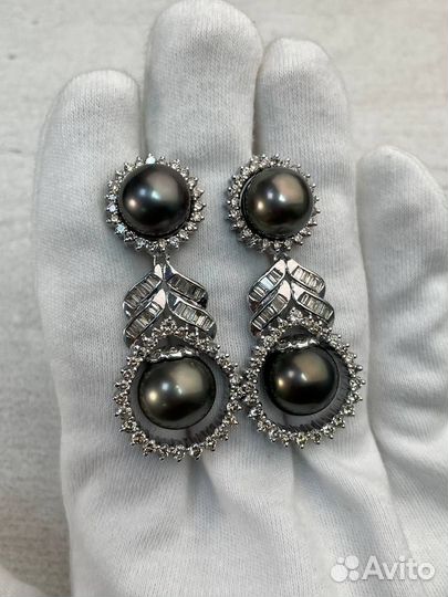 Золотые серьги 585 с бриллиантами и жемчугом Таити