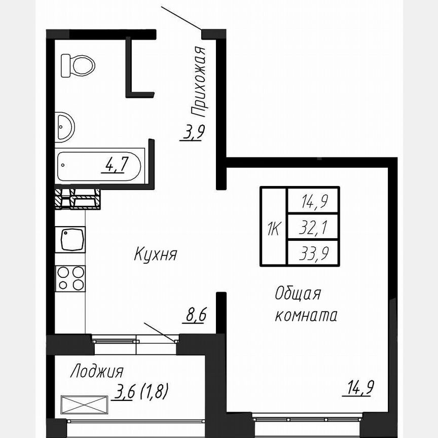 Квартира-студия, 33,9 м², 8/17 эт.