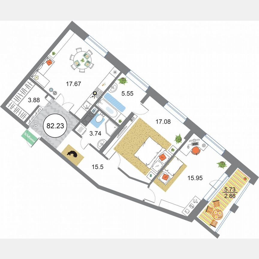 2-к. квартира, 82,2 м², 3/12 эт.