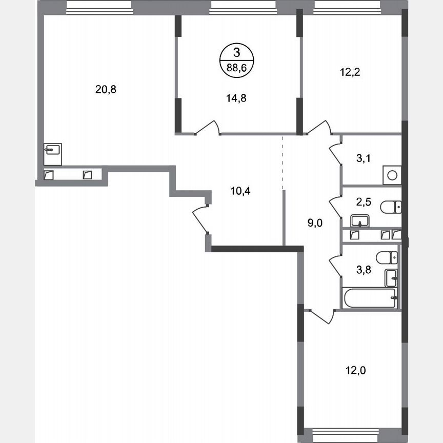 3-к. квартира, 88,6 м², 2/17 эт.
