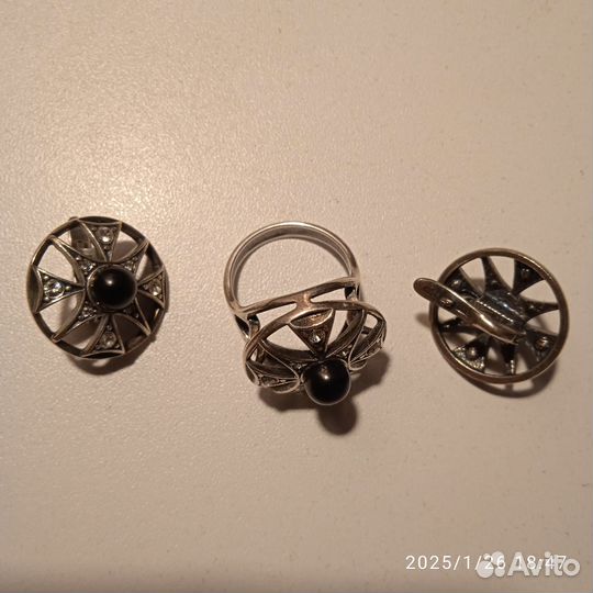 Комплект с шунгитом (серьги+кольцо) бижутерия