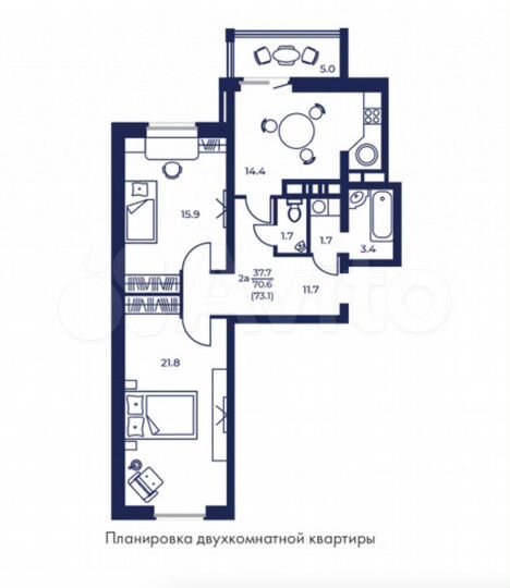 2-к. квартира, 73,1 м², 13/16 эт.