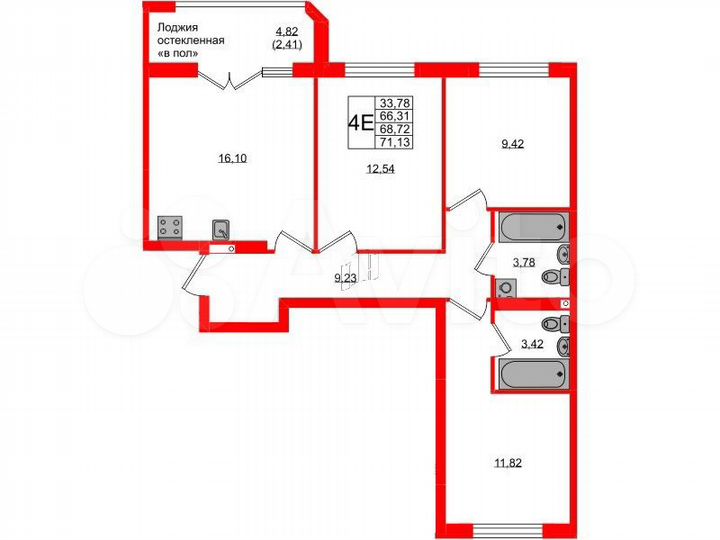 3-к. квартира, 68,2 м², 6/9 эт.