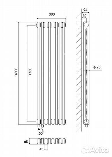 Стальной трубчатый радиатор Kohr Heim 2180/08 секций H01 с нижним подключением черный