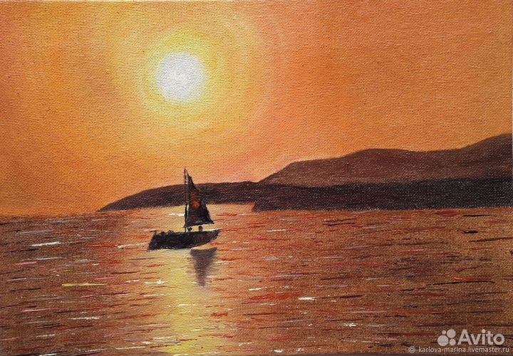 Картина маслом закат, морской закат,яхта на закате