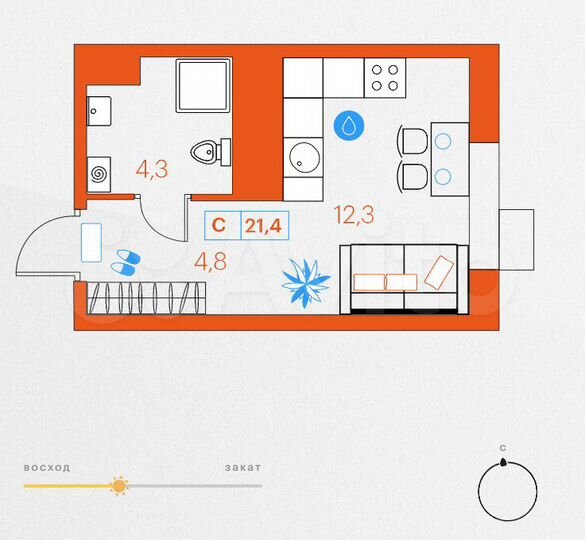 Квартира-студия, 21,4 м², 2/21 эт.
