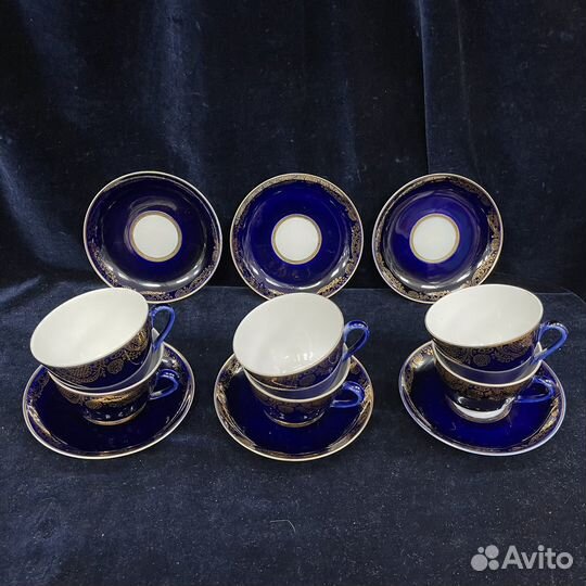 Фарфоровый чайный сервиз Кобальт Золотой фриз Лфз