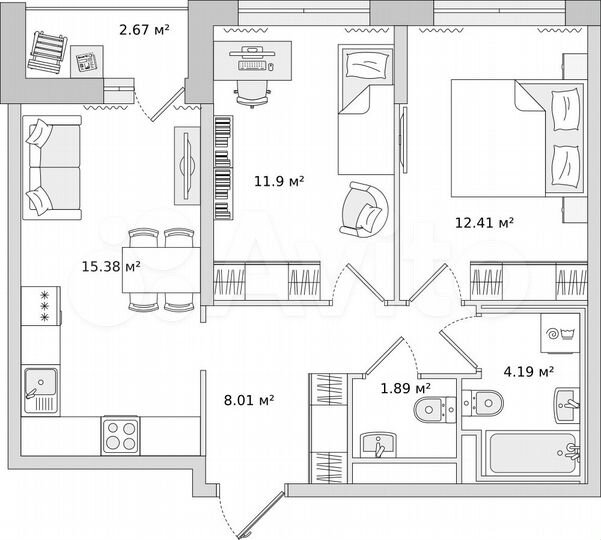 2-к. квартира, 52,7 м², 15/21 эт.