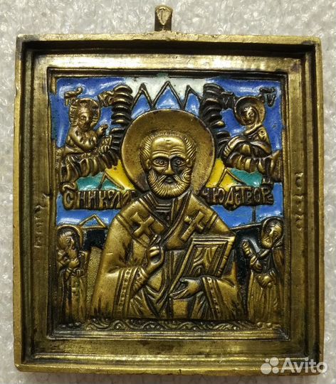 Старинная икона, Николай Чудотворец, 19 в., 6 эмал