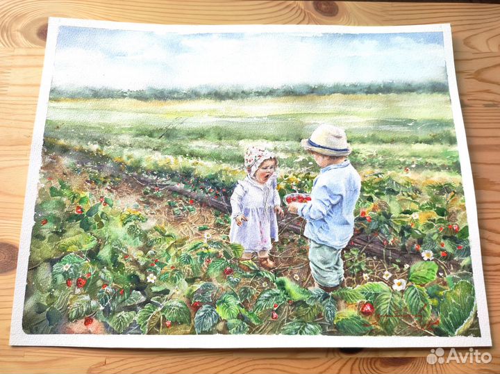 Картина А3 летний пейзаж клубника поле дети летом