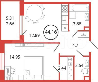 1-к. квартира, 44,2 м², 5/12 эт.