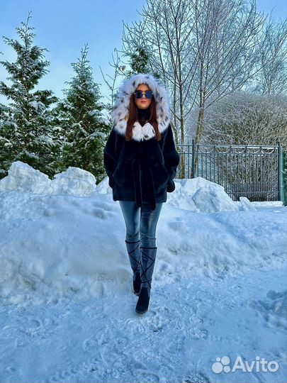 Шуба норковая «Кимоно» с кап из рыси(Черный) 46-50