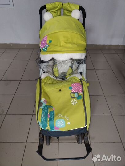 Санки коляска Ника 7-6 лимонный с жирафом