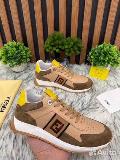 Кроссовки мужские Fendi кожа замша коричневые