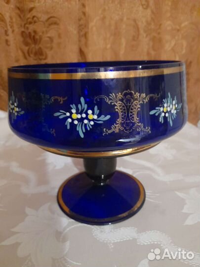 Ваза для фруктов, конфетница богемия, кобальт 1970