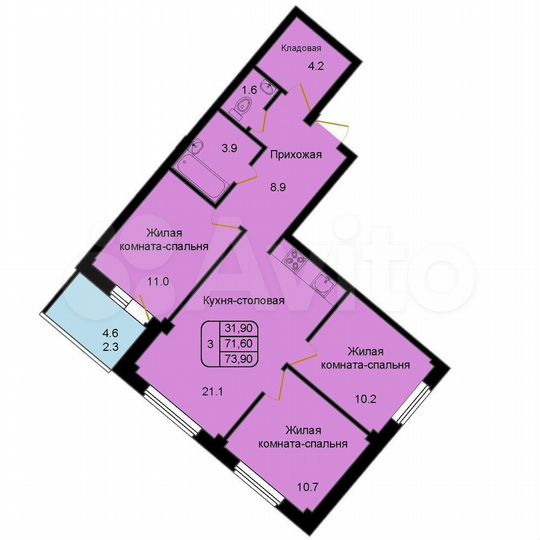 3-к. квартира, 73,9 м², 1/9 эт.