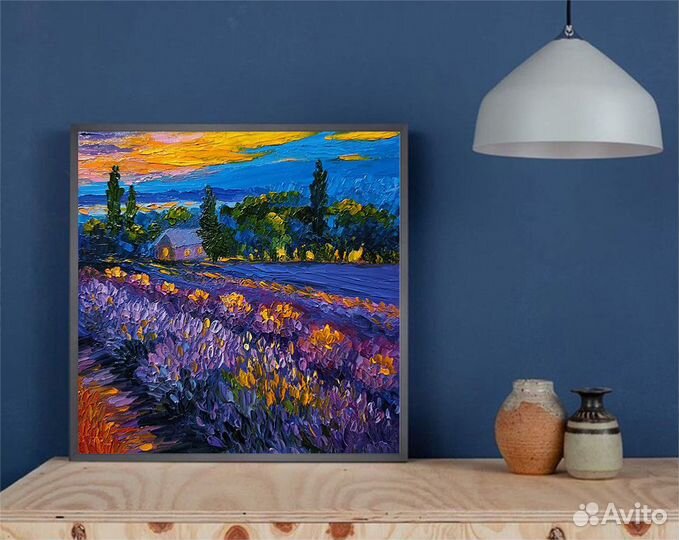 Картина маслом Лавандовое поле, холст 20х20 см